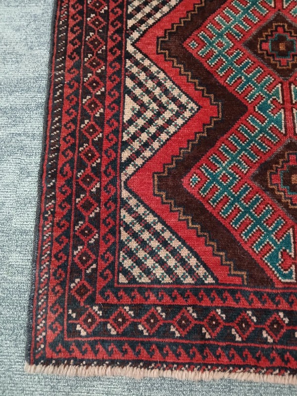 2'8"x6'8" Vintage Red Green Balochi Runner, Old Oriental Tribal Runner Rug gallery