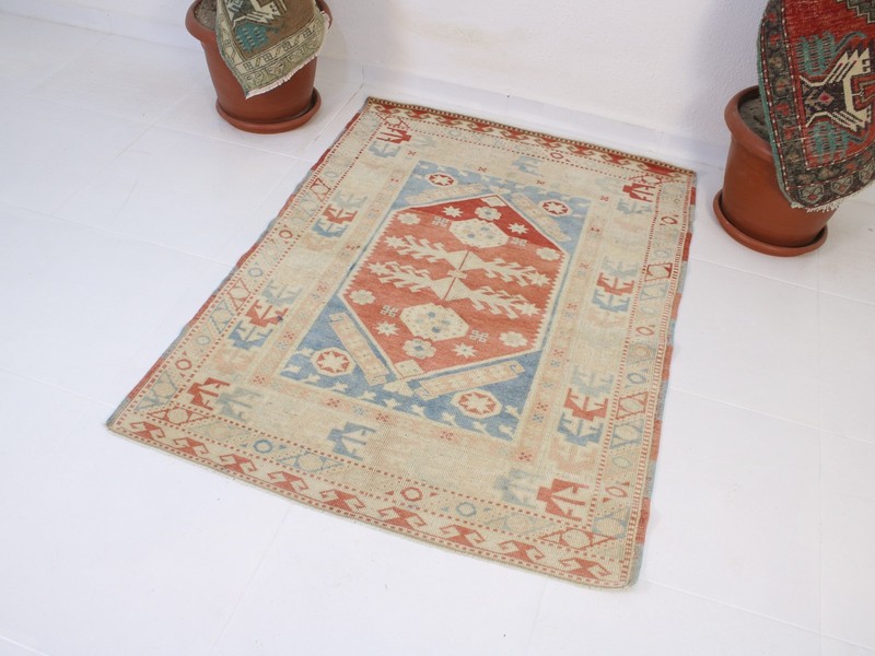 3x4 Turkish Handmade Accent Rug Beige Blue Red Tribal Vintage 3.2x4.4 ft gallery