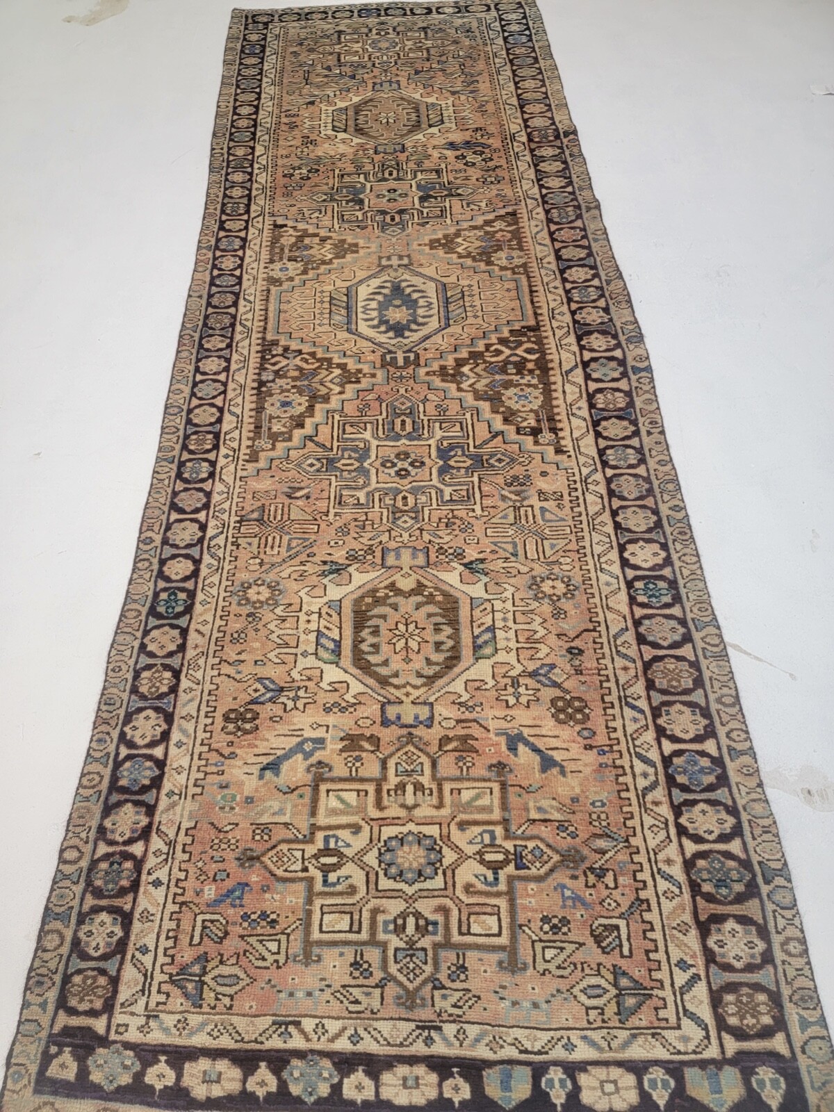 Antique Oriental Hand-Knotted Wool Runner Blush/Beige/Blue 3'8" x 11'2" gallery