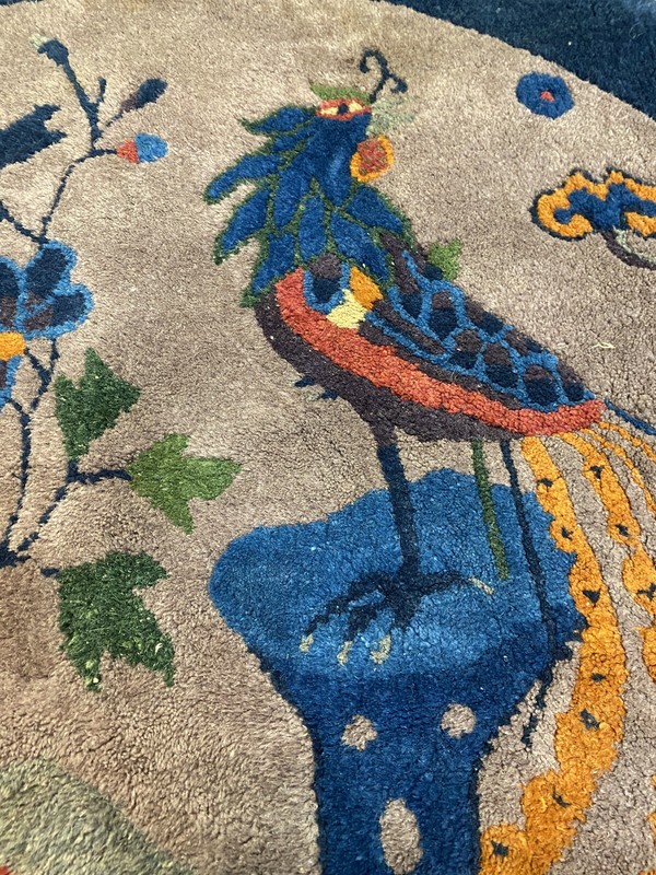 Antique Round Hand Loomed Hand Tied Ornate Colorful Bird Rug W/Fringe 36” gallery