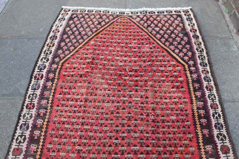 Vintage Traditional Hand Made Oriental Wool Red Pink Long Large kilim 274x127cm gallery