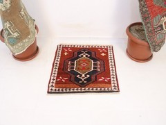 2×2 Turkish Handmade Door Mat Red Black Square Tribal 2.1×2.1 ft