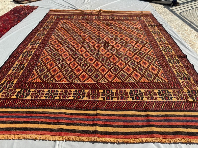7x9 ft Afghan Handwoven Vintage Wool Kilim Rug Geometric Muted Terracotta Carpet gallery