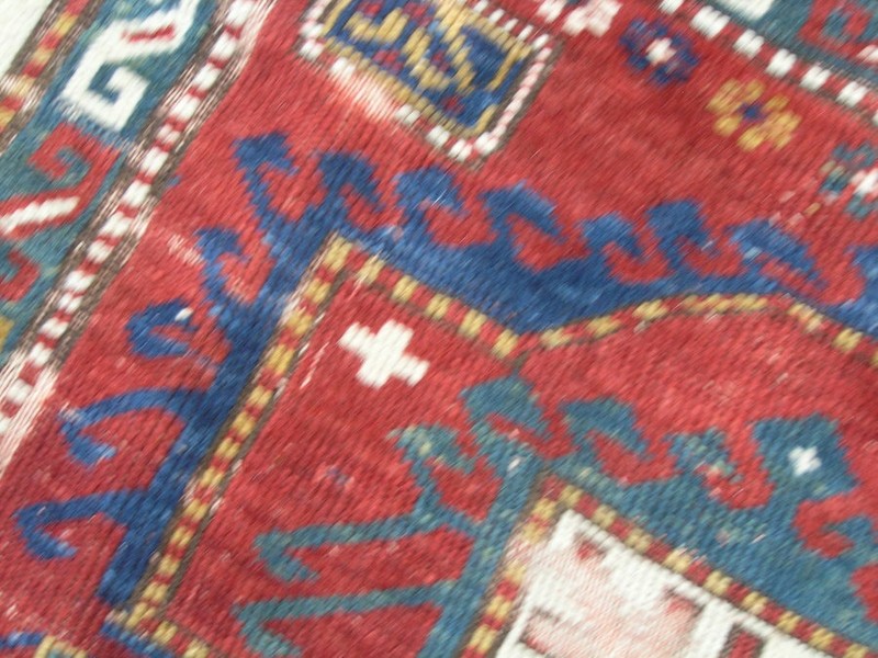 Graphic Antique Mid 19c 3 Medallion Caucasian Kazak Rug Wool Warp & Weft 48x78" gallery