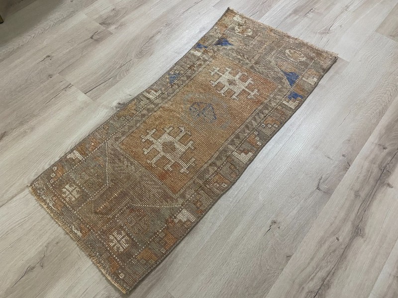 Neutral Turkish Runner Rug 1.4x3.3 Ft Handmade Vintage Wool Hall Carpet gallery