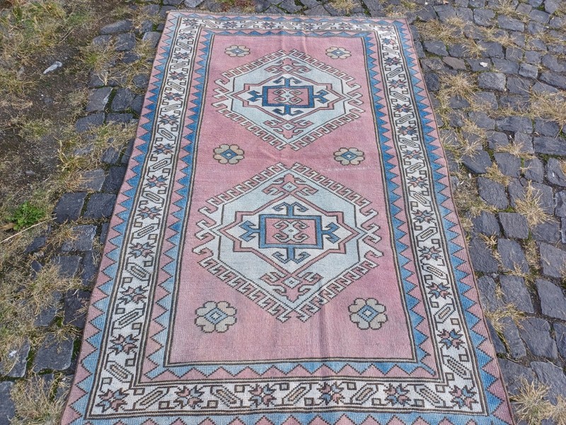 Vintage pink blue Area Rug 4.04 x 6.23 ft , 4x6 Handmade Wool Rug 123 x 190 cm gallery