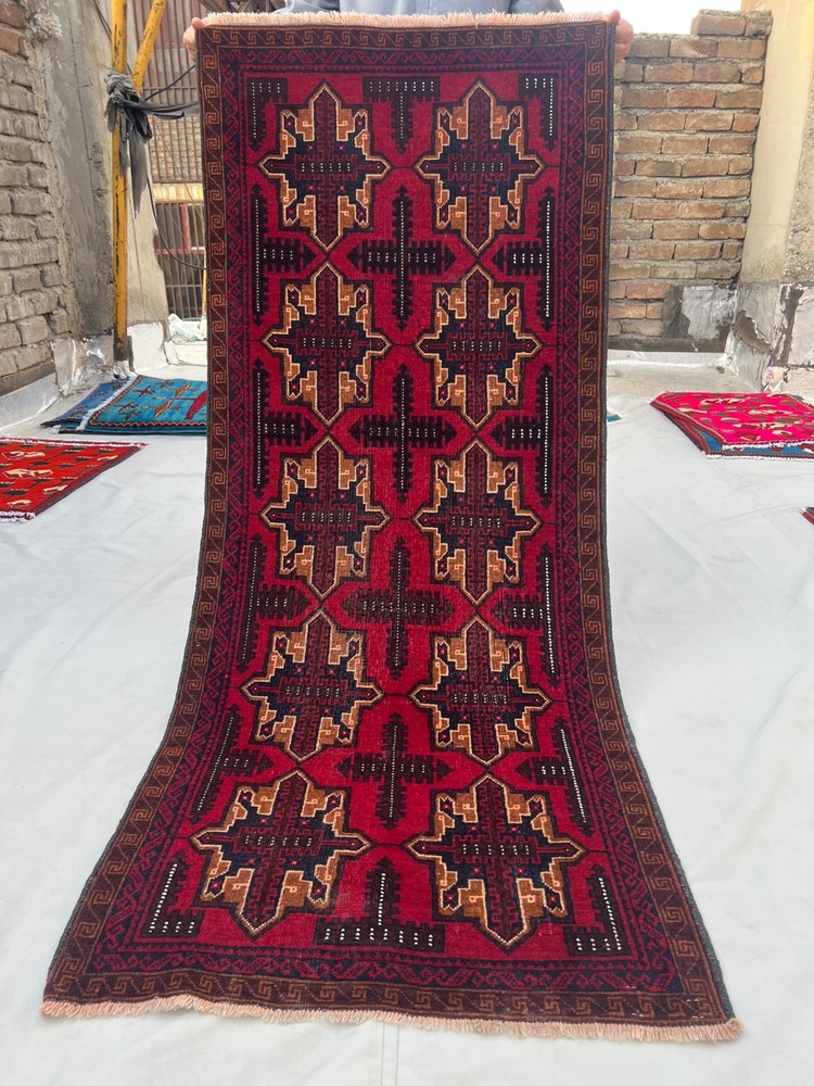 3x6 Vintage Afghan Baluchi Hand Knotted Wool Red Geometric Runner Kitchen Rug