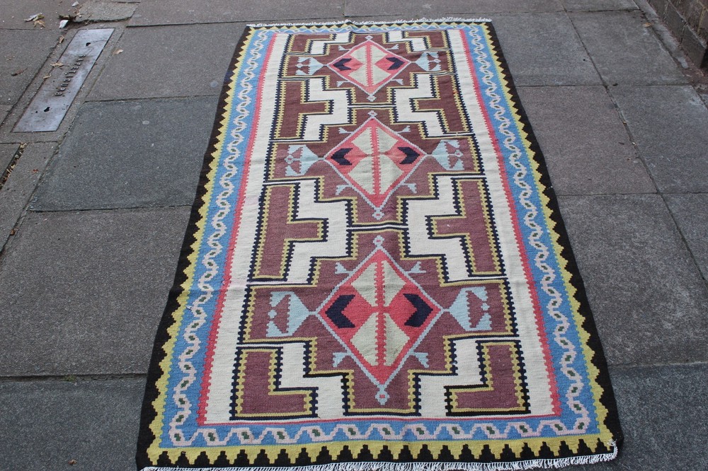 Vintage Traditional Hand Made Oriental Wool Brown White Small Kilim 197x100cm