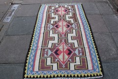 Vintage Traditional Hand Made Oriental Wool Brown White Small Kilim 197x100cm