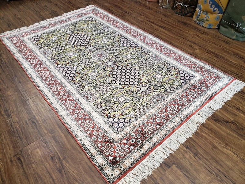 Vintage Silk Rug w/ Gold Threads 5x8 Kashmiri Silk Oriental Carpet Red & Black gallery