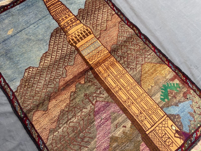 Blue Beige Minar Rug 3'1x4'8 Hand Knotted Caucasian Tribal Pictorial Wool Rug gallery