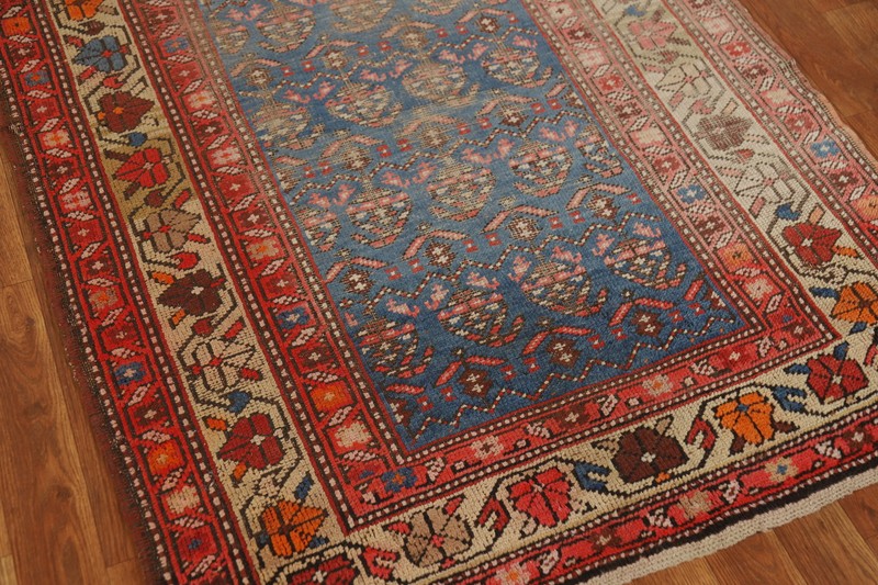 Pre-1900 Handmade Rug Blue Wool Vegetable Dye Heriiz Bakhshayesh Runner Rug 3x15 gallery