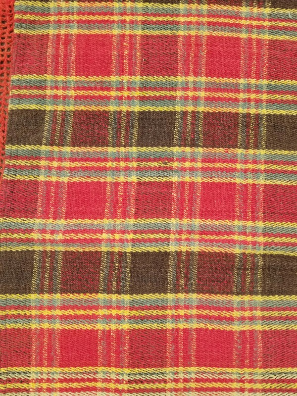 Vintage Woven Plaid Blanket Throw with Handmade Crochet Trim & Pom Pom 5.7x5.2ft gallery