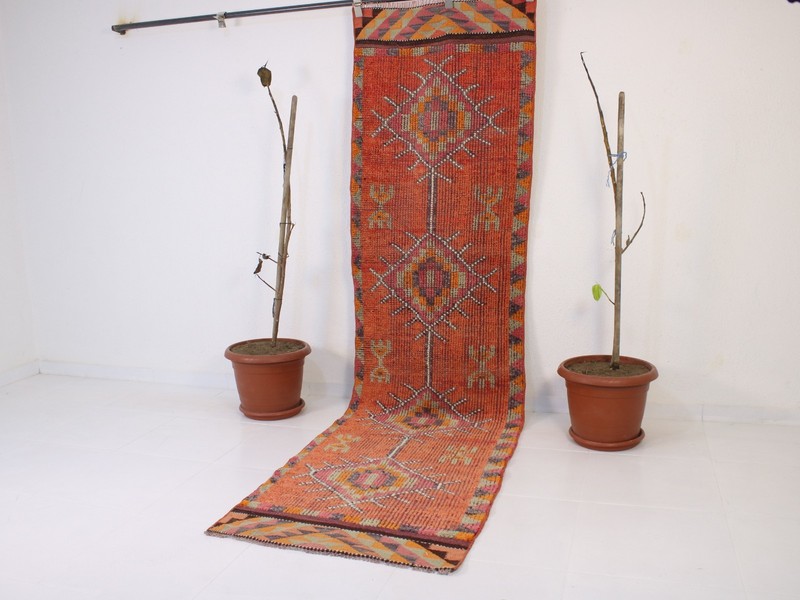 Vintage Hand Knotted Long Runner Rug Orange Teal Distressed Floral 2.6x9.7 ft gallery