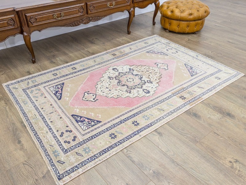 Vintage Traditional Turkish Oushak Wool Rug 3.10x5.11 ft Handmade Area Carpet gallery