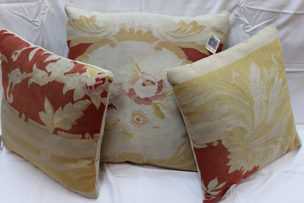 3 Handmade Pillow made out of Antique Rugs, French Savonnerie Design Beige Gold