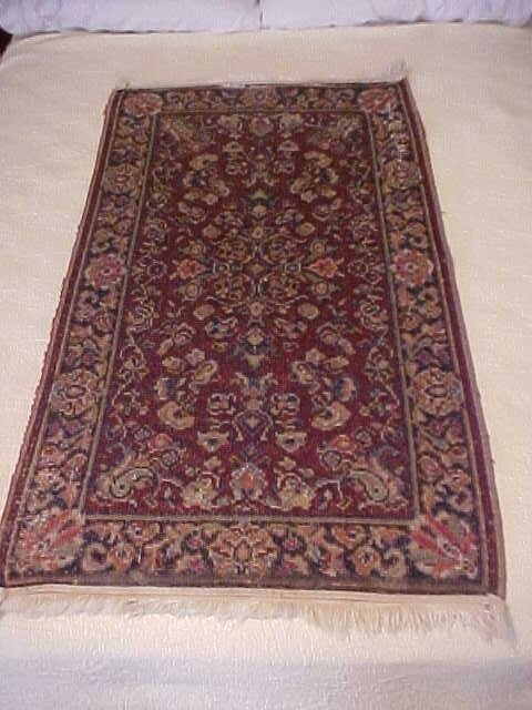 ORIENTAL RUG, RED WITH FLOWERS, 26" by 50", Vintage 1940s gallery