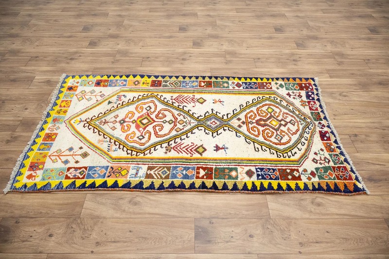 Semi-Antique Handmade Tribal Pictorial Oriental Rug Cream Entryway Carpet 3x6 Ft gallery