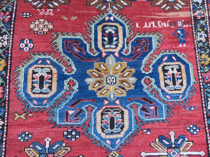 ANTIQUE CAUCASIAN KARABAGH VILLAGE RUG. SIGNED NAME BY WEAVER. 194CM X 117CM. gallery