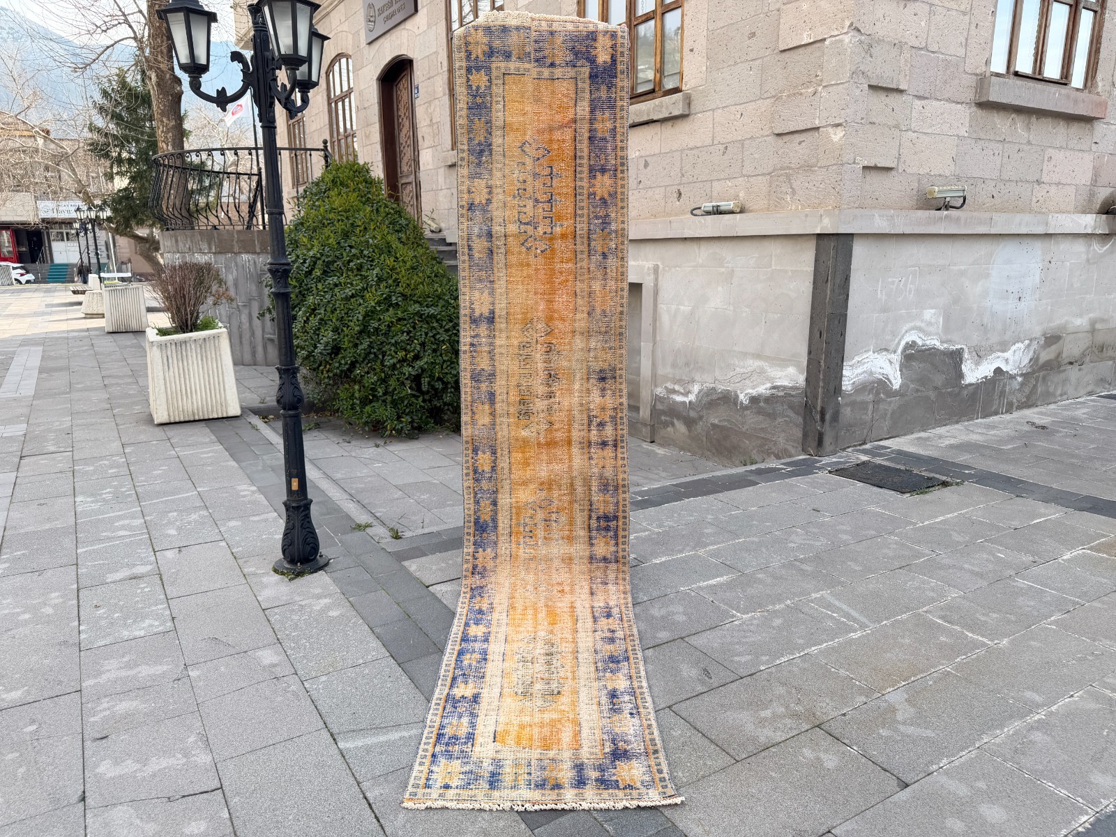 2.2x11.1 ft Vintage Turkish Oushak Runner Rug Gold Orange Navy Blue Long Carpet gallery