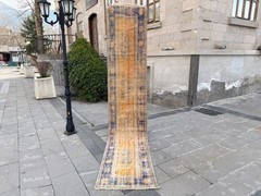2.2×11.1 ft Vintage Turkish Oushak Runner Rug Gold Orange Navy Blue Long Carpet
