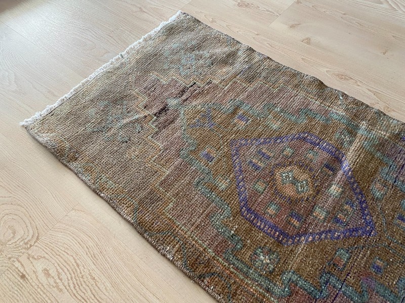 Muted Earth Tone Turkish Vintage Small Rug 1.5 x 2.9 ft with Diamond Medallion gallery
