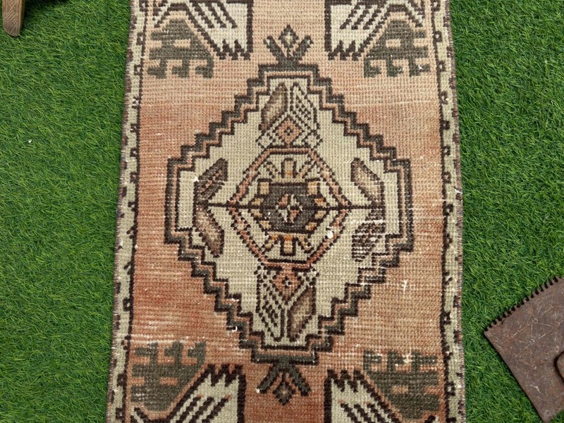 Hand-Woven Small Turkish Carpet 1x3 Pale Orange Wool Geometric Tiny Rug Muted gallery