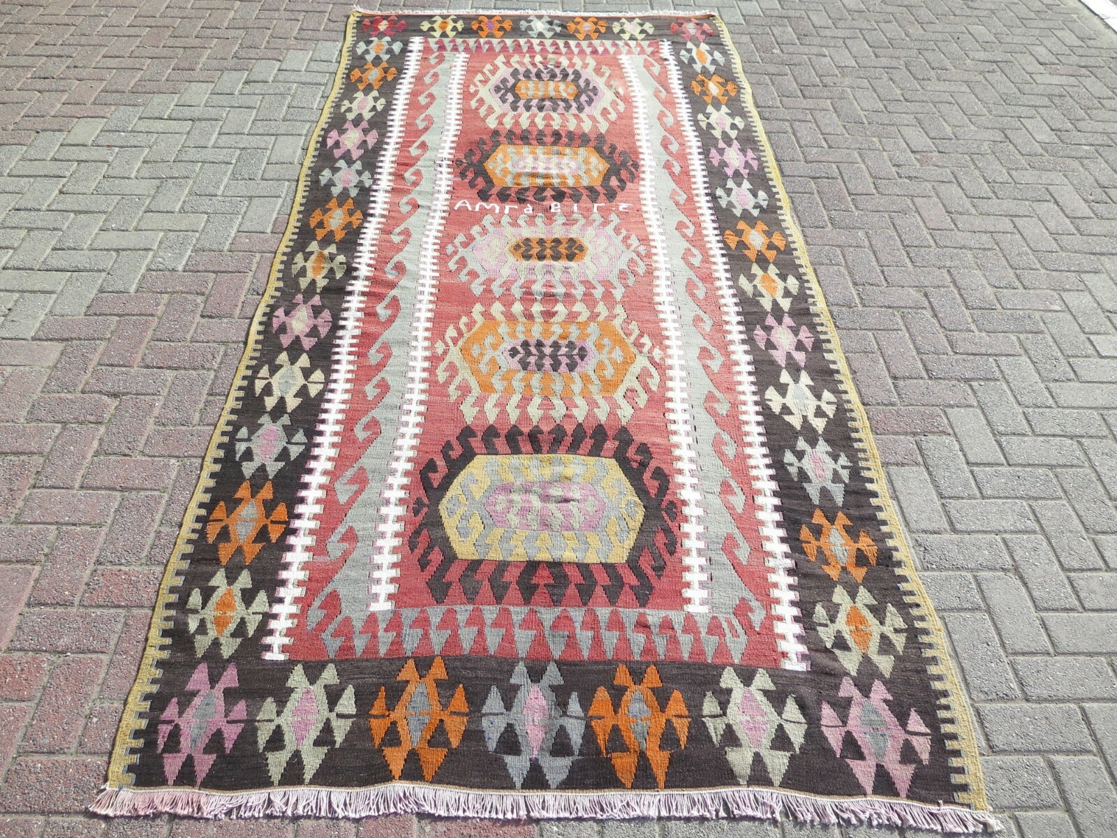 Rose Pink Center Vintage Turkish Rug, Soft Handwoven Large Kelim Carpet 61"x135" gallery