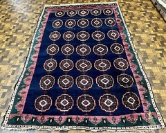 ANTIQUE TRIBAL KUBA CAUCASIAN ORIENTAL RUG DEEP BLUE FIELD SIZE 4′ 8″ x 7′ 8″