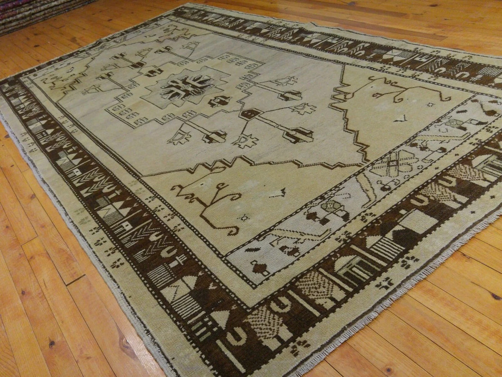 Rare Antique Ca1900-1939s Ivory-Gold Colors Wool Pile Rug 4’7”x 8’7”