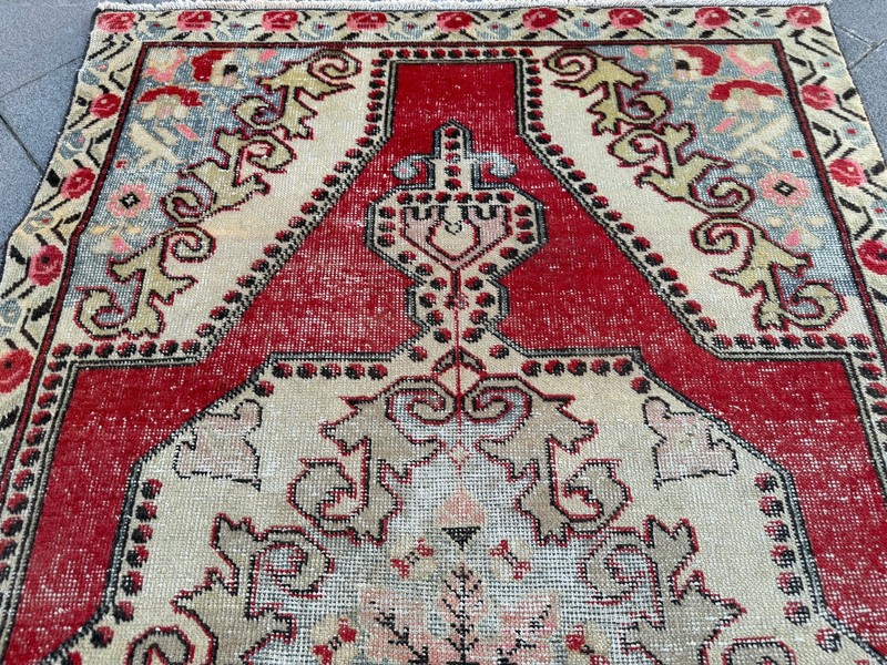 Vintage Turkish Wool Rug 4.4x7.4 Ft Red Ivory Geometric Handmade Carpet gallery