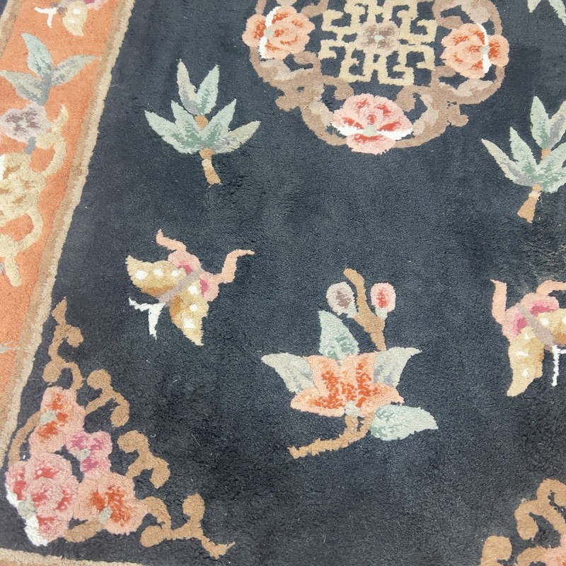 Vintage Art Deco Reproduction Chinese Wool Rug Floral Butterflies Black gallery