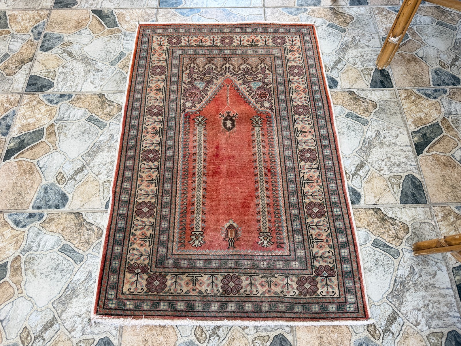 Small Vintage Turkish Prayer Rug 2x4 Hand Knotted Coral Red Floral Accent Carpet gallery