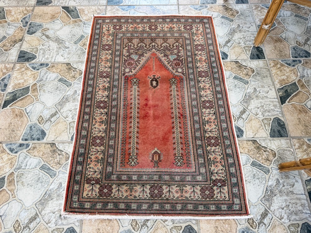 Small Vintage Turkish Prayer Rug 2x4 Hand Knotted Coral Red Floral Accent Carpet