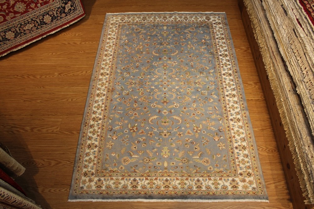 8' X 5' HANDMADE WOOL RUG, BLUE COLOR TRADITIONAL FLORAL DESIGN 5x8 ft Knotted