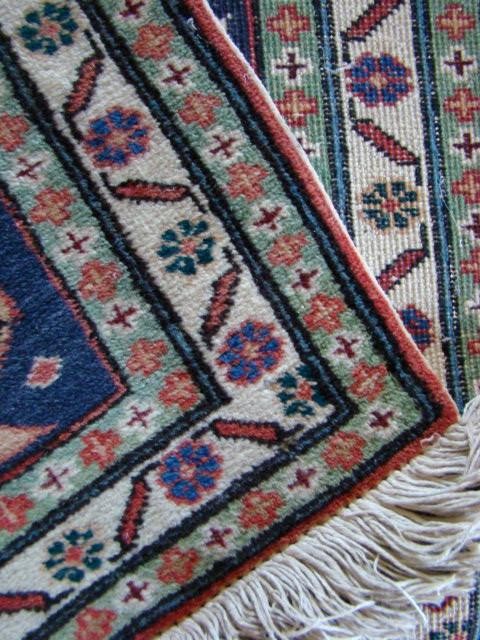 Beautiful Vintage 100% Woven Wool 40" Long Geometric Red & Deep Blue Rug gallery