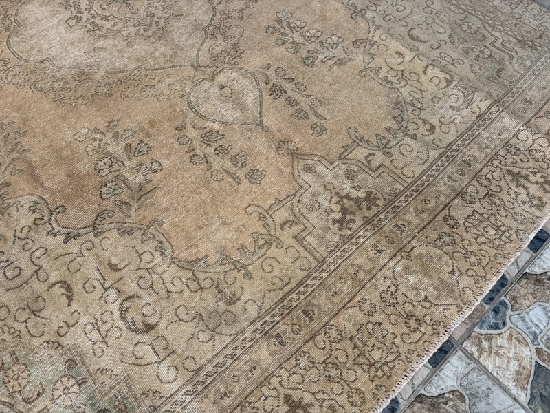 1970s Vintage Turkish Distressed Large Area Rug 8x11 ft Beige Hand-Knotted Wool gallery