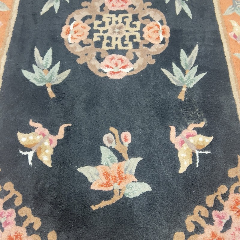 Vintage Art Deco Reproduction Chinese Wool Rug Floral Butterflies Black gallery