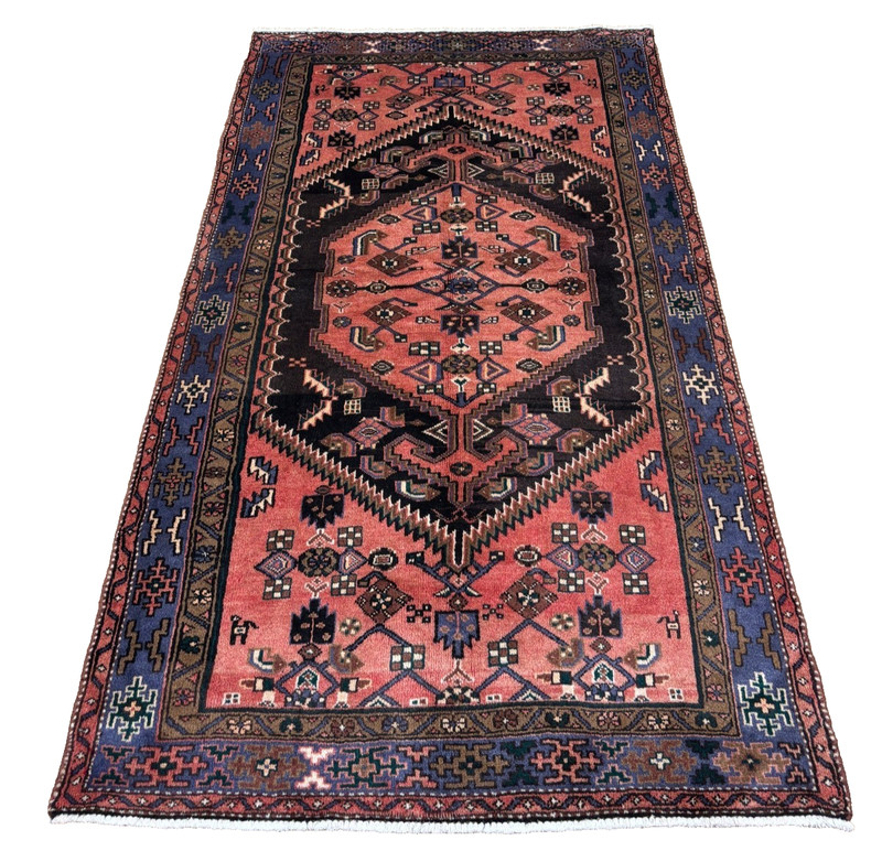 Vintage Zanjan Tribal Hand Knotted Wool Area Rug 4x8 Oriental Black Salmon Blue gallery