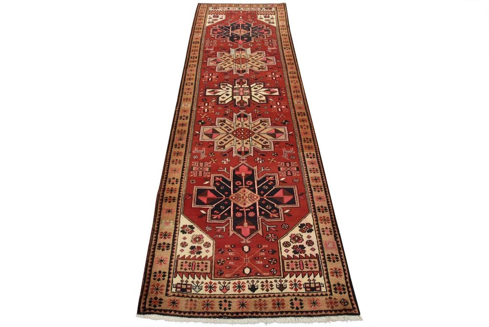 Vintage Tribal Runner 3’6” x 10’8” Red Wool Geometric Hand-Knotted Oriental Rug