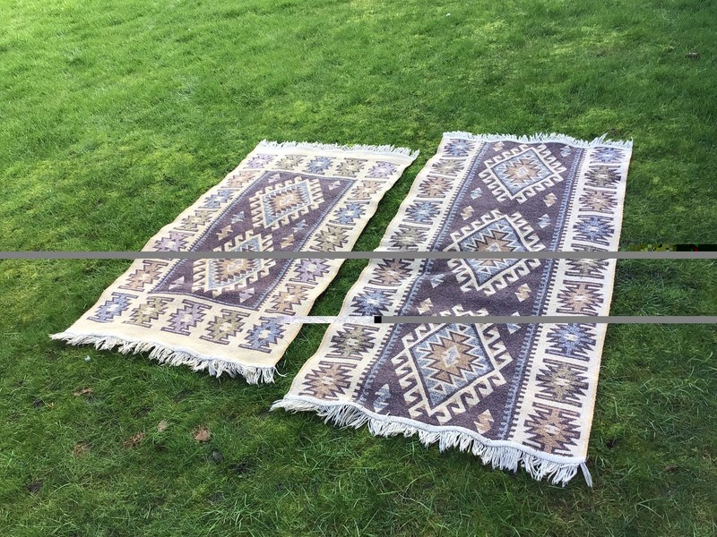 PAIR VINTAGE MAT RUG OLD CARPET LOVELY DESIGN REVERSIBLE AZTEC STYLE RUGS X 2 gallery