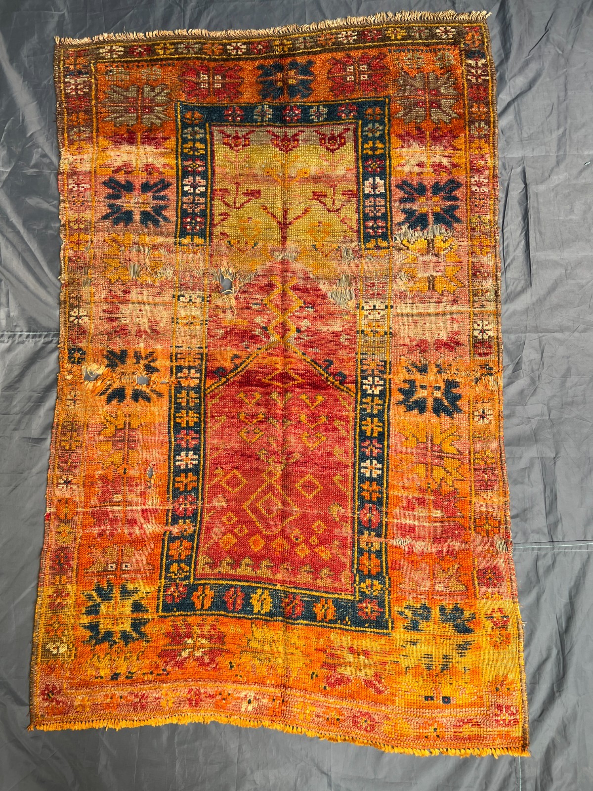Antique Caucasian Prayer Rug Distressed Low Pile Hand Knotted Vintage 3.5x5.5FT gallery