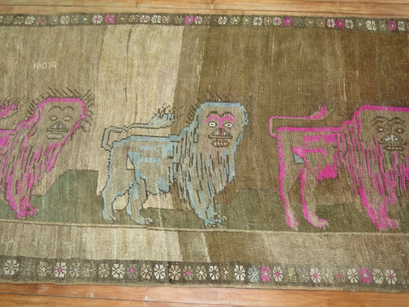 Vintage Kurdish Kars Pictorial Lion Gallery Rug Size 3'9''X9'5'' gallery