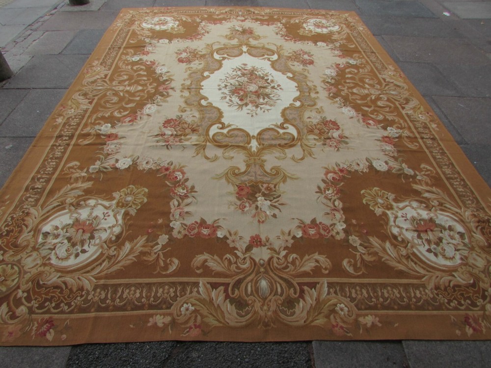 Vintage Hand Made French Design Wool Brown Beige Original Aubusson 375X263cm
