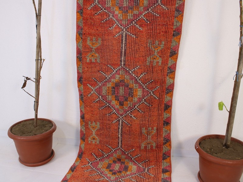 Vintage Hand Knotted Long Runner Rug Orange Teal Distressed Floral 2.6x9.7 ft gallery