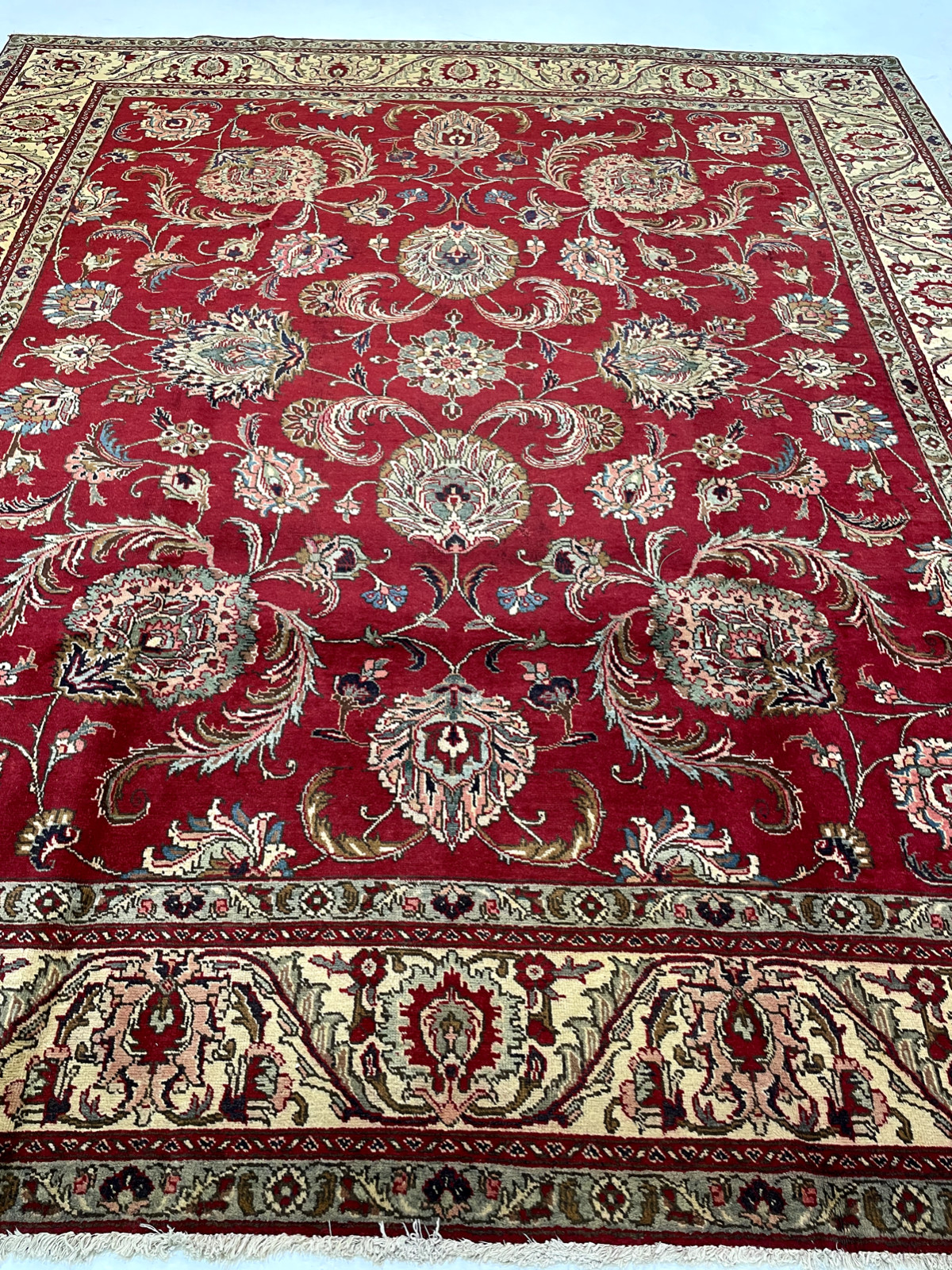 Antique Oriental Hand-Knotted Wool Area Rug Red/Ivory/Blue/Salmon 9'3" x 10'11" gallery