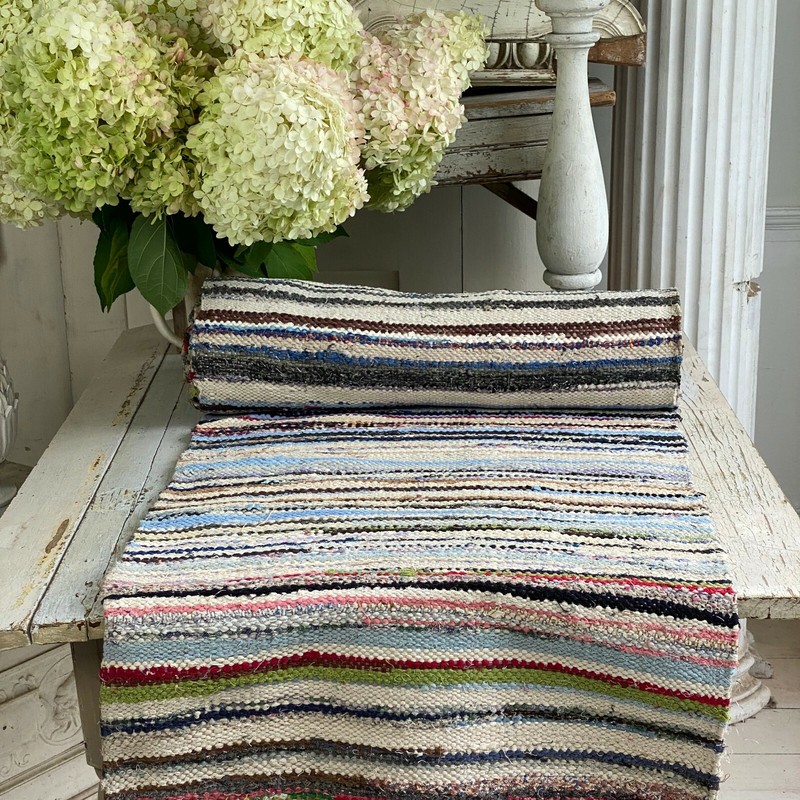 Rag Rug textile European vintage hallway carpet hand woven Antique gallery