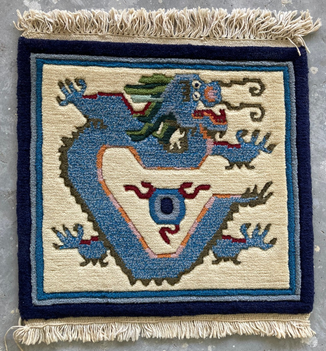 Vintage Tibetan chines Handmade Dragon Multicolor Wool Rug Carpet 48x46 cm gallery