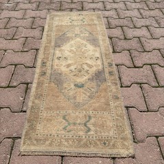 Tan Beige Vintage Rug 2×4 Turkish Wool Handmade Teal Geometric Kilim-Tariff Free