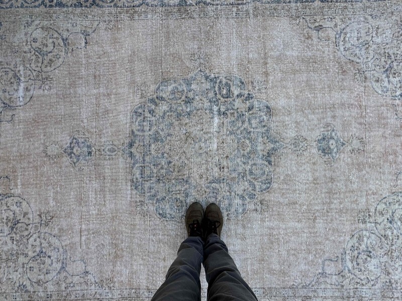 Hand-Woven Medallion Turkish Rug 7x10 Blue Large Wool Carpet Muted for Saloon gallery